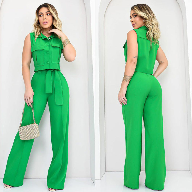 Fashion Casual Suit Women's Sleeveless Summer Lace-Up Trousers False Pocket Women's Two-Piece Set