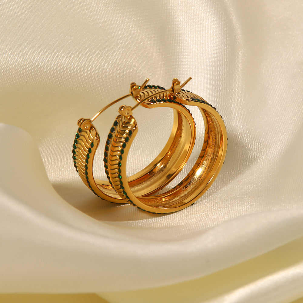 5pcs Temperament Light Luxury Niche Earrings 18K Gold Plated C-Shaped Corrugated White Zircon Double Inset Geometric Earrings
