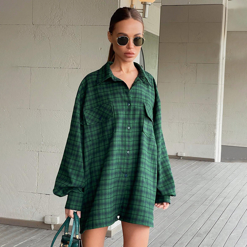 Women's Retro American Plaid Shirt Green Boyfriend Wind Long Loose Oversize Shirt