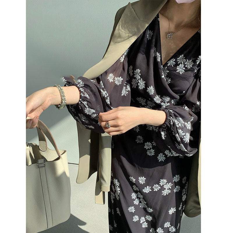 Thirteen Lines Autumn And Winter Women's New Pink Collar Floral Dress Chiffon Lantern Sleeve Long Skirt Long Skirt