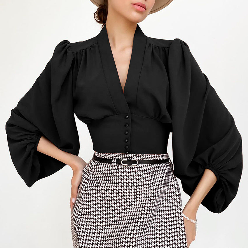 Autumn New V-Neck Women's Shirt Court Style Lantern Sleeve Slim Long-Sleeved Shirt