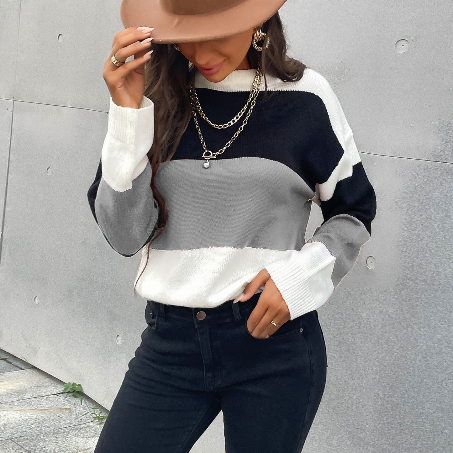 Striped Color Patchwork All-Match Knitwear Pullover Sweater for Women