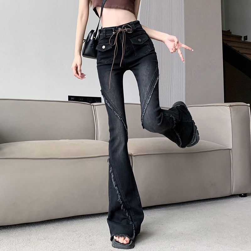 Real Shot Retro Furred Lace Strap Micro Cropped Denim Pants Female New Spice Girl High-Waisted Stretch Flared Pants