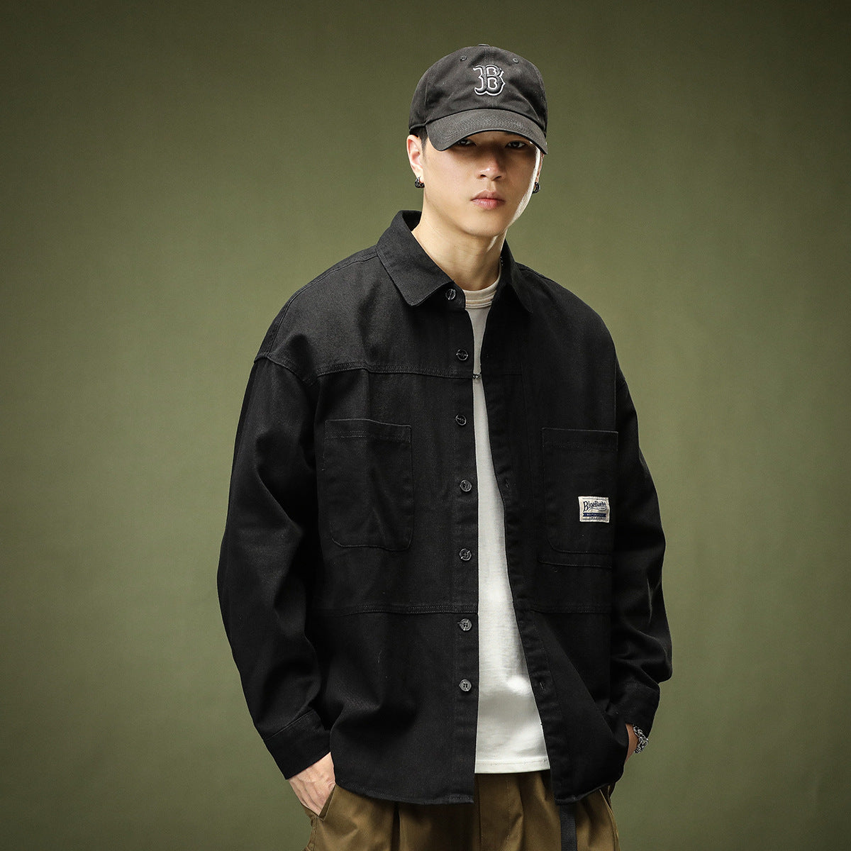 Khaki Overalls Shirt Coat Men's Long-Sleeved Casual Loose Shirt Jacket Fall New Folded Wear
