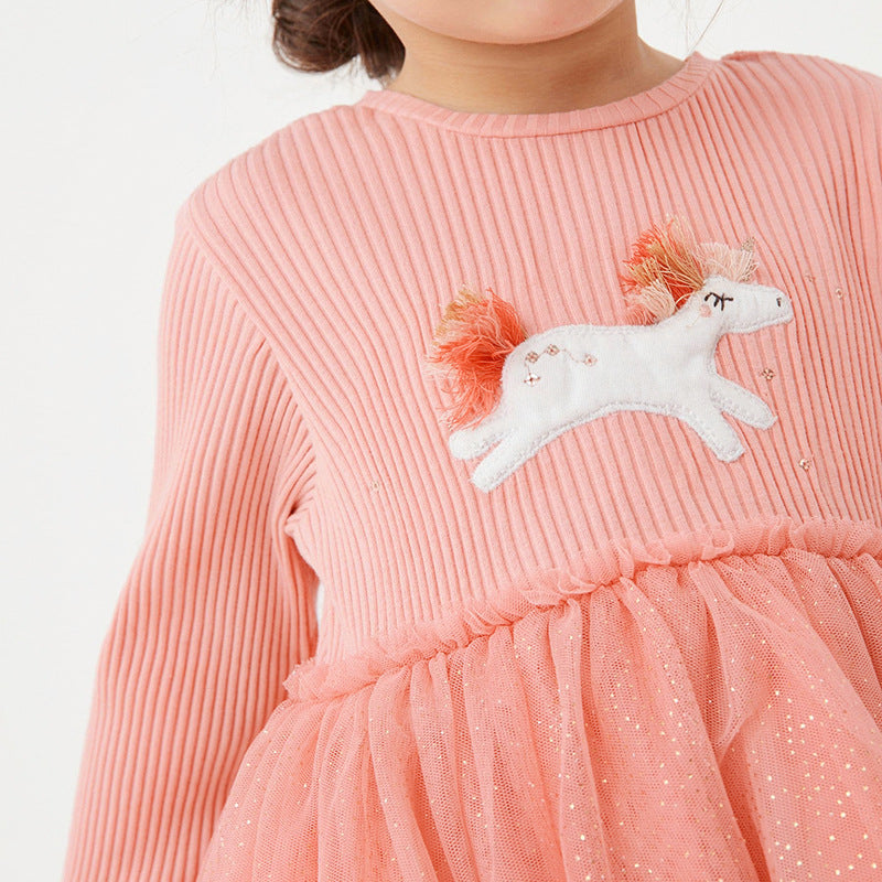 New Mesh Girls Dress Autumn Long-Sleeved Children's Princess Dress Cotton Children's Dress