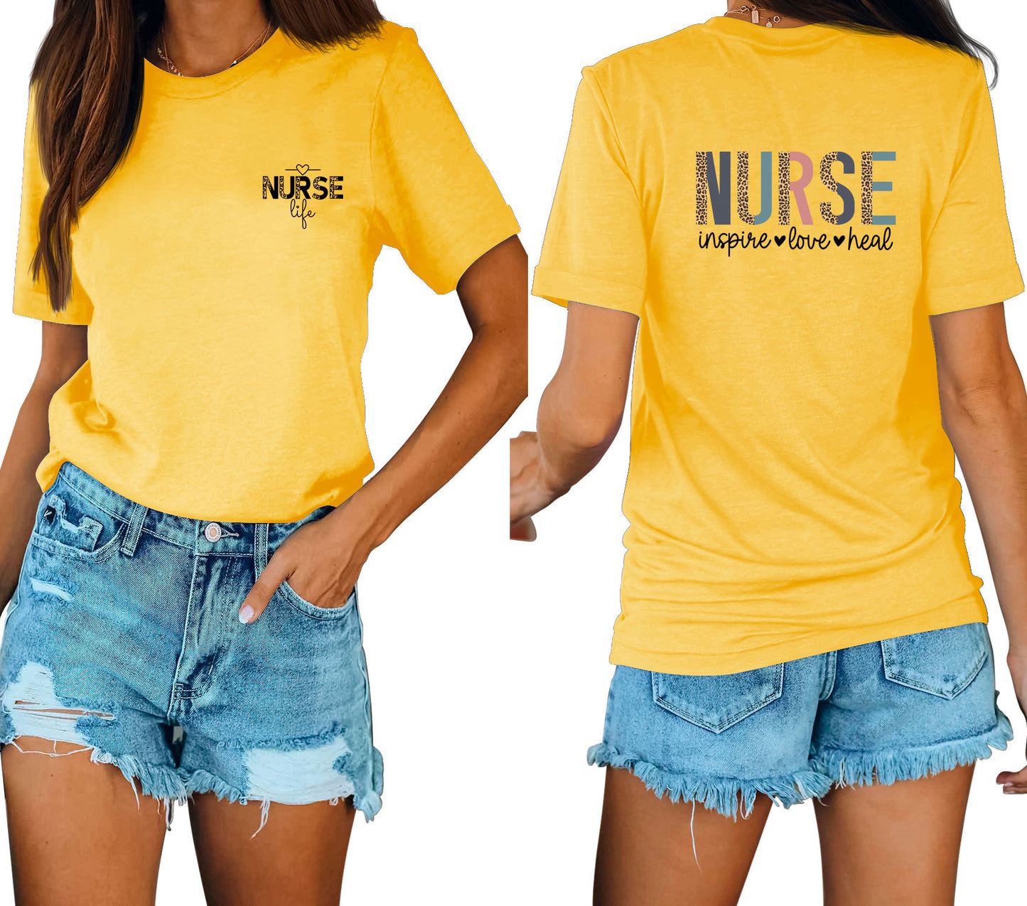 Casual Chic With Front And Rear Print Nurse Inspire Loose Crew Neck Short Sleeves
