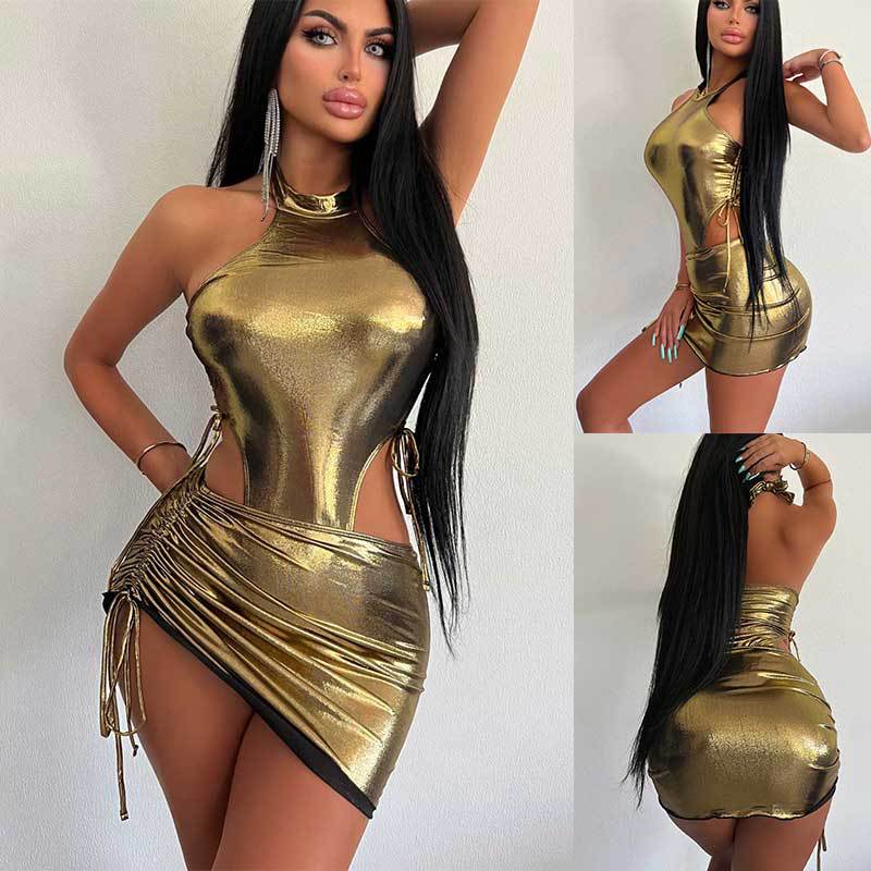 Women's Summer Bright Face Set Sexy Ol Light Mature Spice Girl Onesie With High Waist Drawstring Wrap Hip Skirt