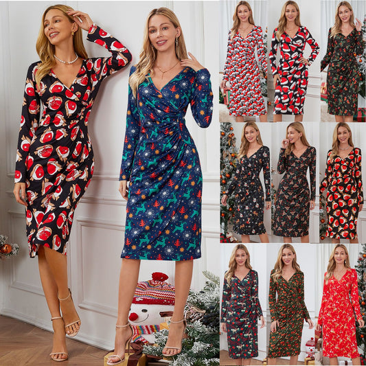 Christmas Printed Dress V-Neck Slimming Slim Dress Autumn And Winter Women's Plus-Size