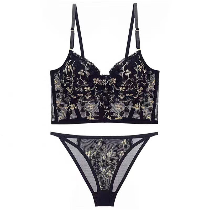 Comfortable Embroidered Lace Fishbone Waistcoat Long Lingerie Set Girls Sexy Lace Bra