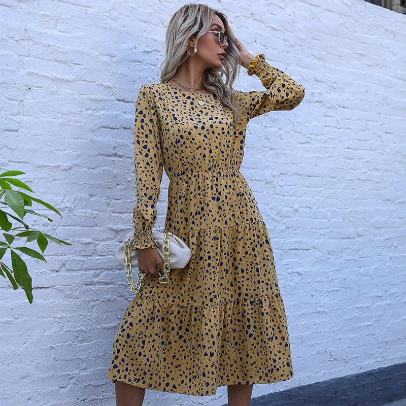 Retro Women's Autumn And Winter Slim Leopard Print Long-Sleeved Dress In The Long Style