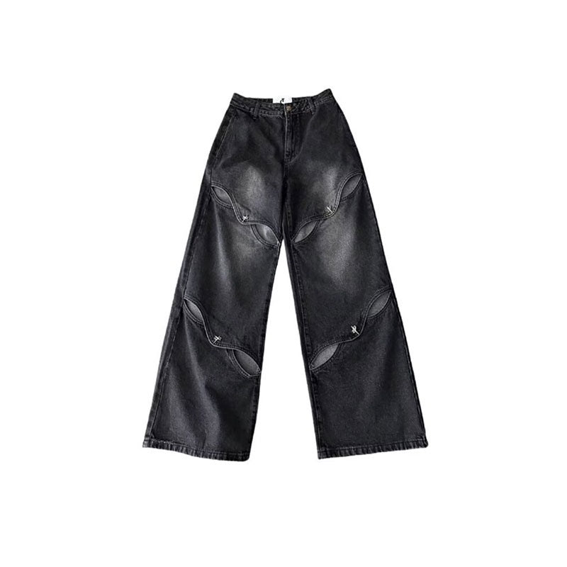 Wide-Leg Jeans Women's High Street Heavy Hollowed-Out Mops Vintage Long Pants