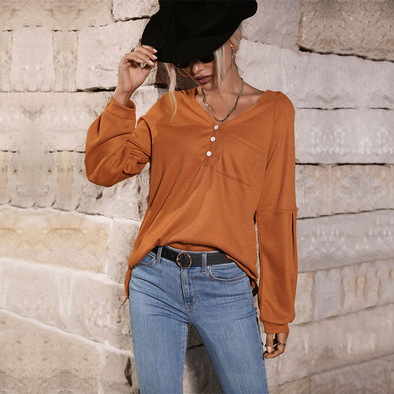 Autumn Winter New Casual Shirt Solid Color Pocket Hooded Sweater Women