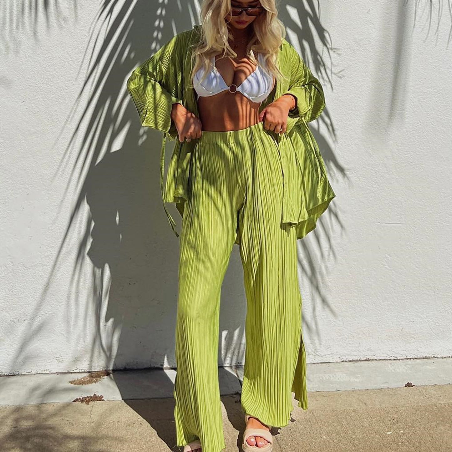 Women's Autumn New Fashion Set Pleated Shirt Long Sleeve Split Pajamas Two-Piece Set