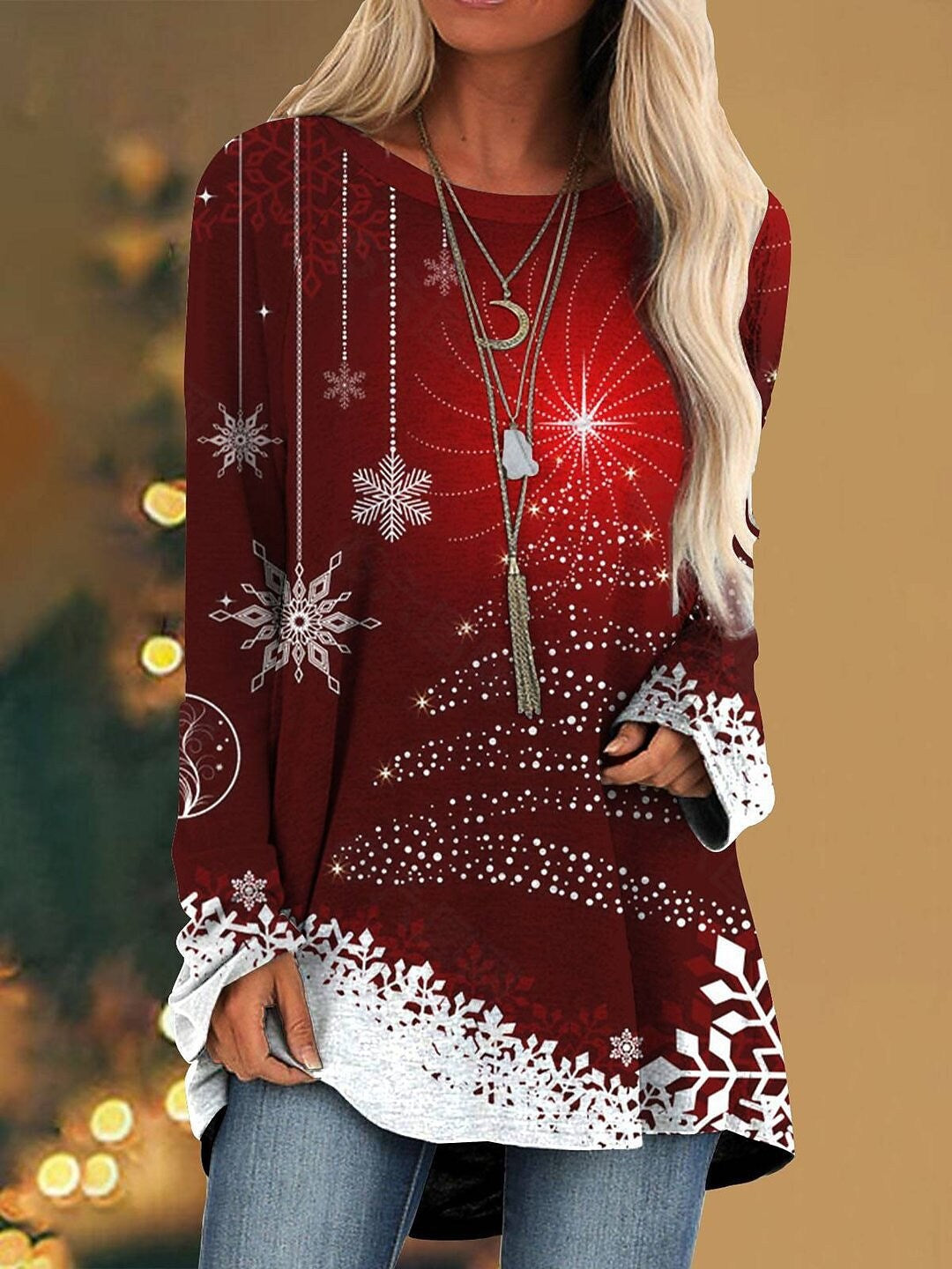 New Straddle Snowflake Print Christmas Tree Highlights Fashion Long-Sleeved T-Shirt Dress