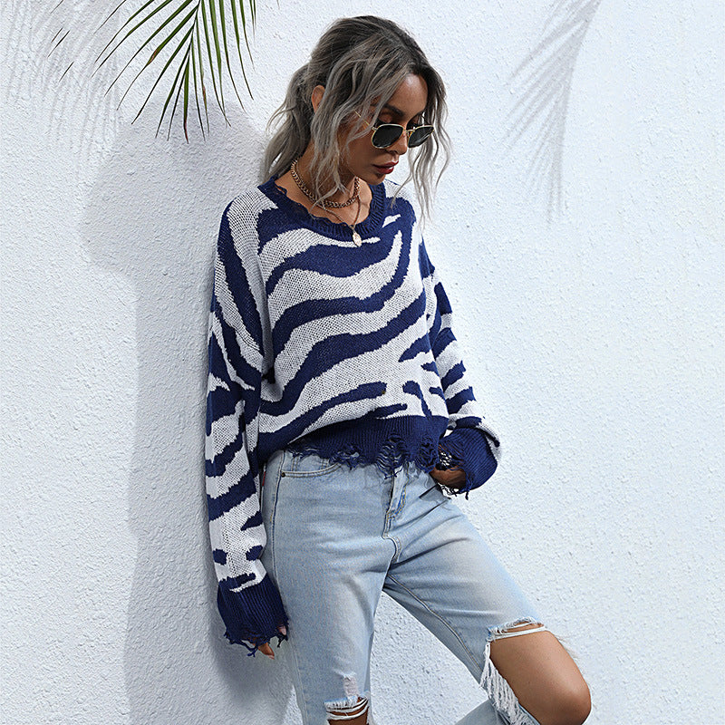 Women's Autumn Knit With Blue Zebra Crewneck Sweater Women Loose