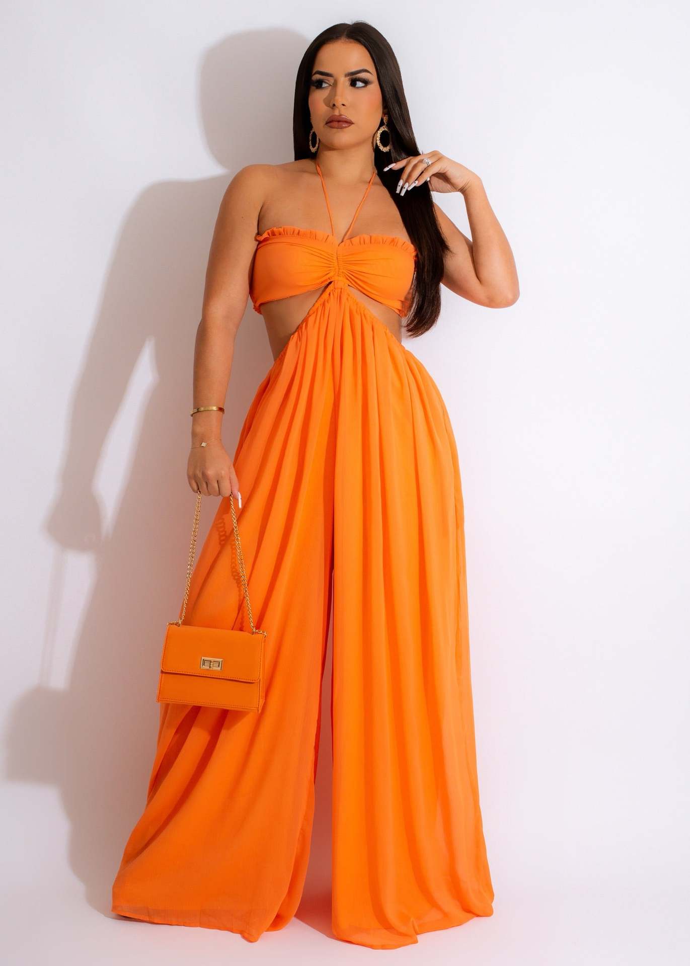 Sexy Chiffon Wrapped Chest Bare Back Broadfoot Jumpsuit Women