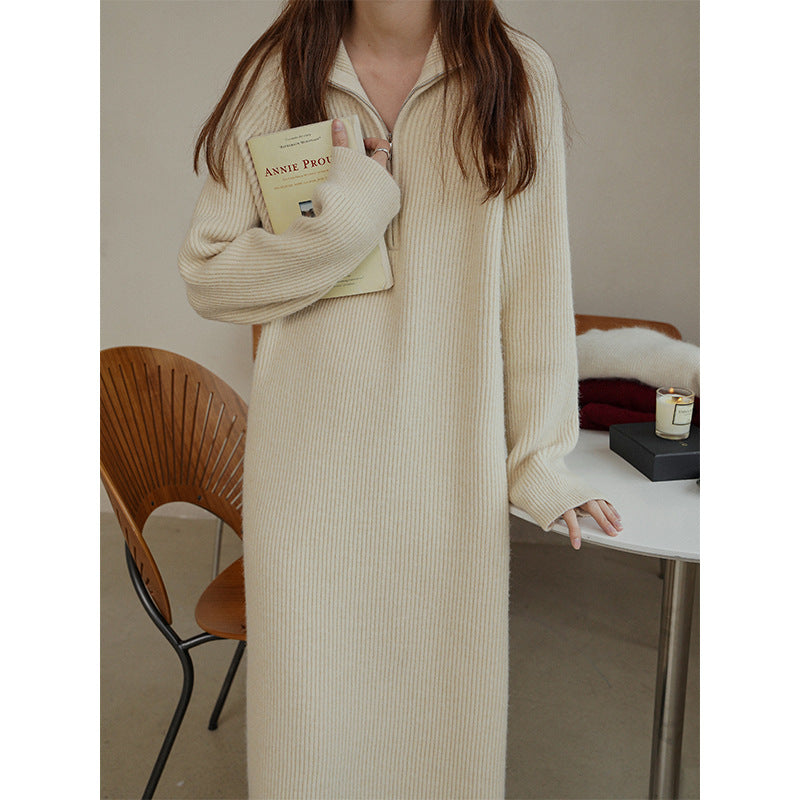 Slouchy Over The Knee Mid-Length Lapel Loose Sweater Dress Woman In Autumn And Winter With A Bottom Knit Dress
