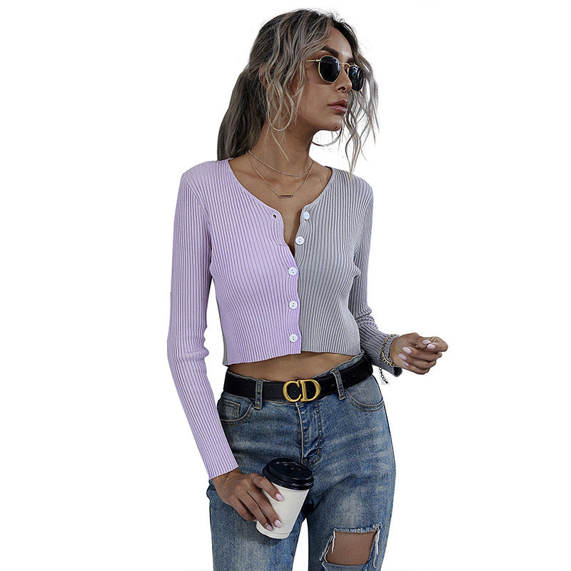 Autumn Slim-Fit Crop Color Cardigan Long-Sleeved Knitted Short Coat Female