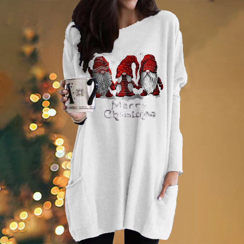 Santa Claus Printed Long Sleeve Pocket Round Neck T-Shirt Dress