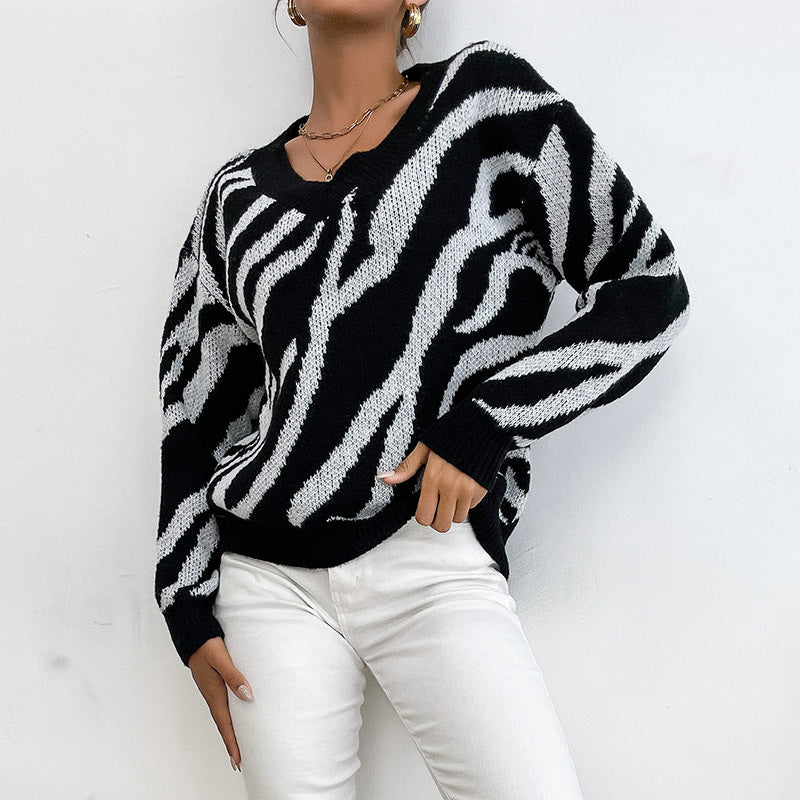 Autumn Clothing Bottom Pullover V-Neck Black Zebra Print Sweater