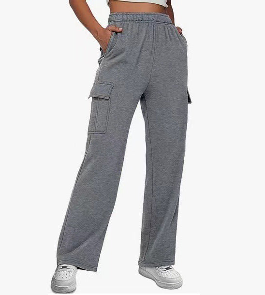 New Autumn And Winter Overalls Solid Color High Waist Slimming Design Sense Pocket Straight Leg Wide Loose Pants Women