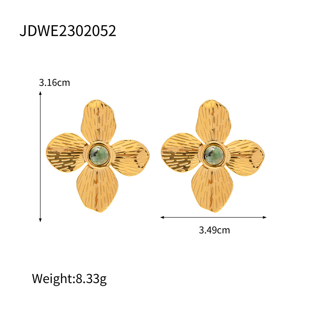 5pcs Palace 18-Karat Gold Radial Set With Natural African Turquoise Four-Petal Flower Earrings Design Sense Earrings