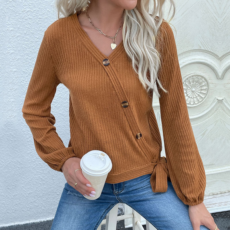 New Autumn Women's Clothing Solid Color Button Decoration Pit Strip Bottom Knitwear