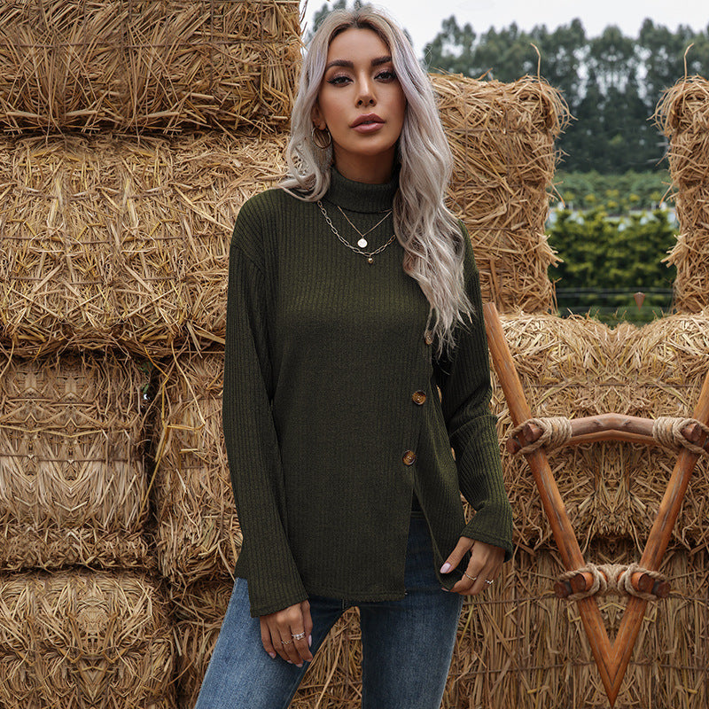 Autumn and Winter Fashion Solid Color High Neck Knit: Effortless Elegance with Long Sleeves and Asymmetrical Slit