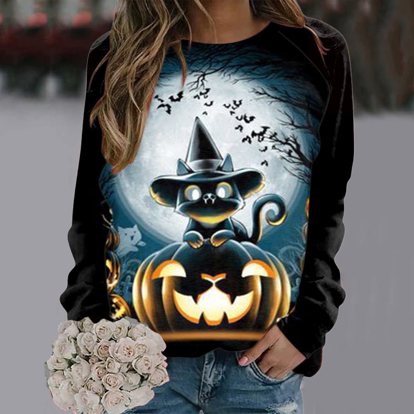 New Women's Halloween Christmas Women's Clothing 3D Three-Dimensional Printed Castle Dark Round Neck Hoodie