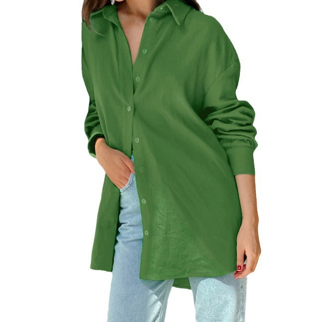 Spring Green Cotton Hemp Temperament Lapel Loose Women's Shirt Fashion Top