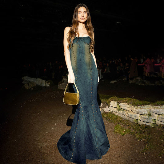 Dark Riveted Denim Dress New Fanny Pack Hip Fishtail Long Skirt Bust Zipper Slip Dress