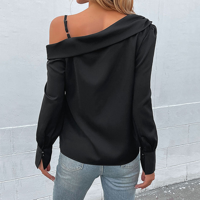Women's New Irregular Black Off-Shoulder Long-Sleeved Shirt