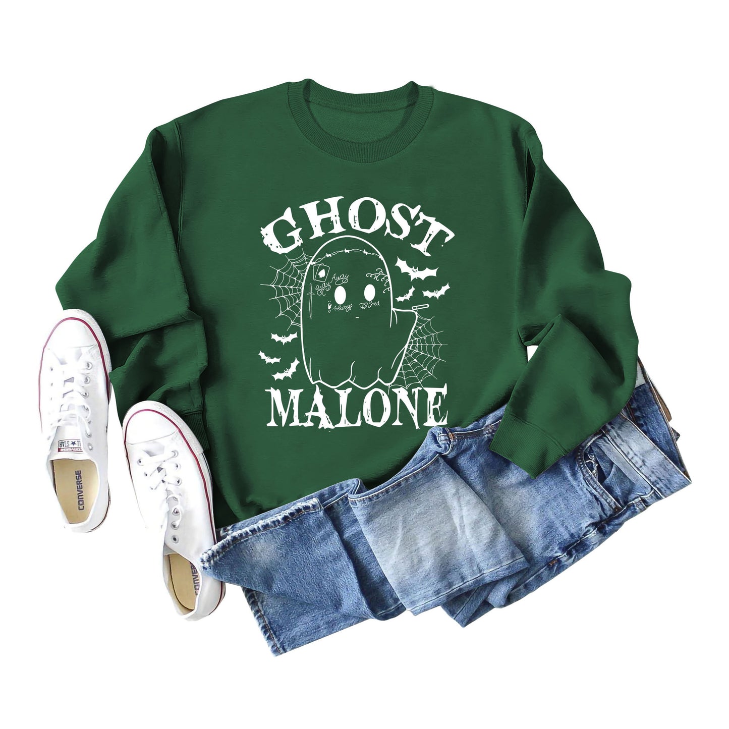 Ghost Malone Letter Round Neck Fashion Bat Round Neck Halloween Long Sleeve Hoodie