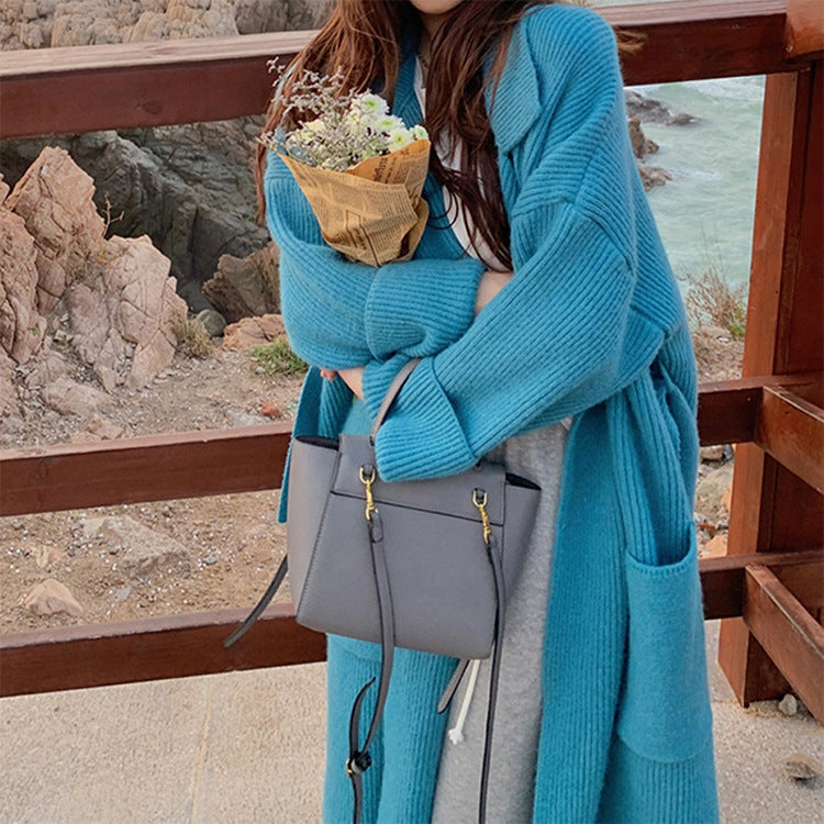 Style Suit Collar Knitted Cardigan New Autumn And Winter New Long Loose Sweater Large Size Coat