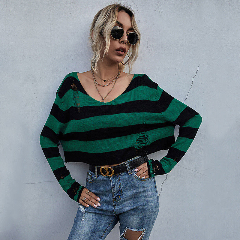 Autumn Women's Striped V-Neck Loose Short Knit Bottom Sweater Women Long Sleeves Sexy