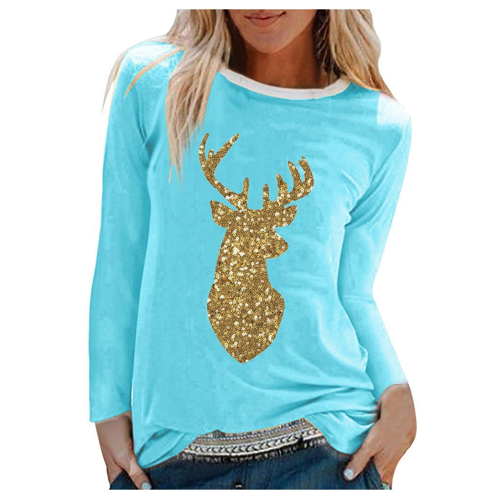 Cross Fall New Ladies Christmas Sequined Antler Print Ladies Fresh Sweet Long Sleeve T-Shirt