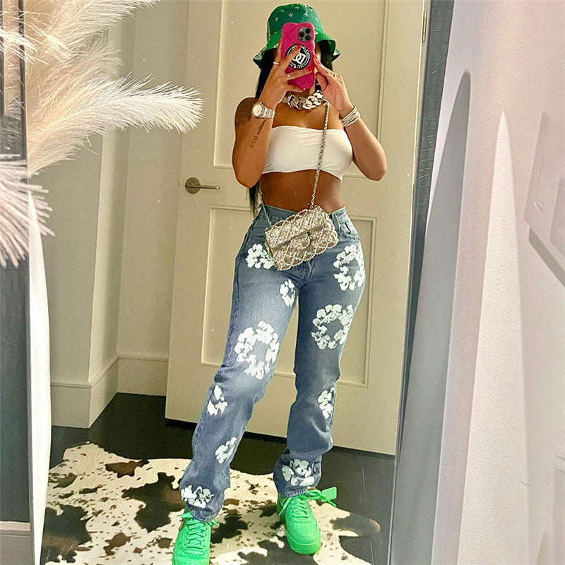 Spring Women's New Street Fashion With Daisy Print High-Waisted Straight-Leg Slim Jeans