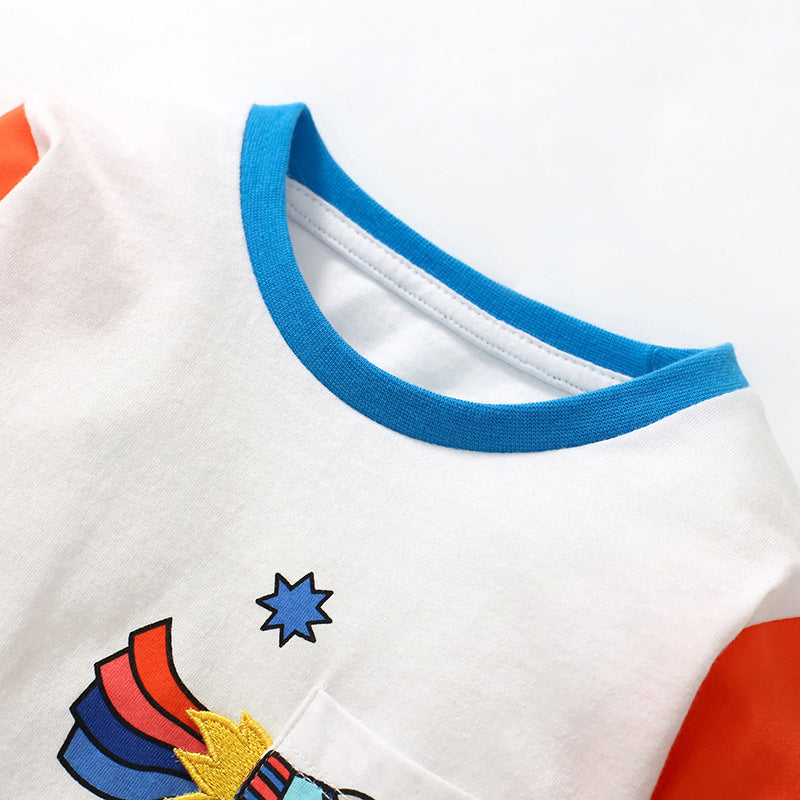 Children's T-Shirt Cartoon Rocket Boy Top Cotton Children's Autumn Children's T-Shirt