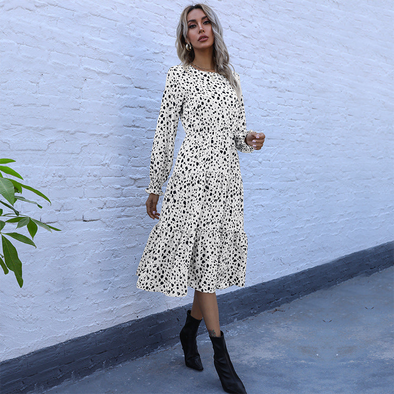 Retro Women's Autumn And Winter Slim Leopard Print Long-Sleeved Dress In The Long Style