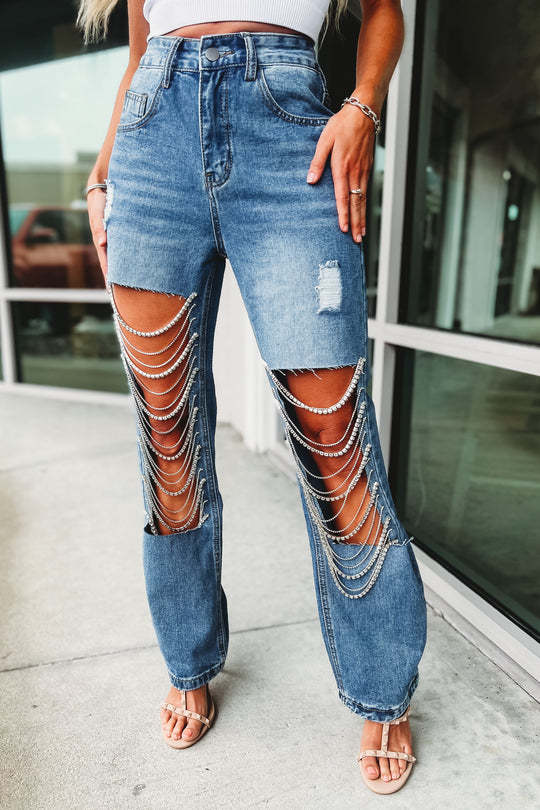 Early Spring Ripped Jeans Women's Chain Hanging Straight-Leg Pants