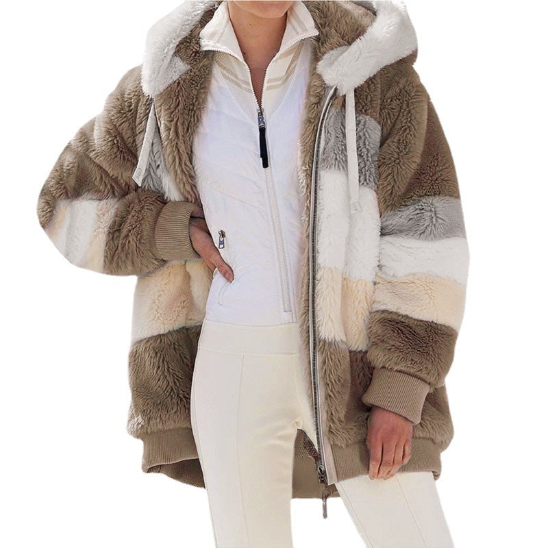 Autumn And Winter Warm Plush Patchwork Zipper Pocket Hooded Loose Coat Women
