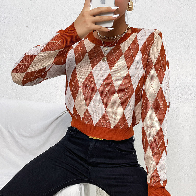 Autumn And Winter Chic Women's Long-Sleeved Ringer Check Sweater
