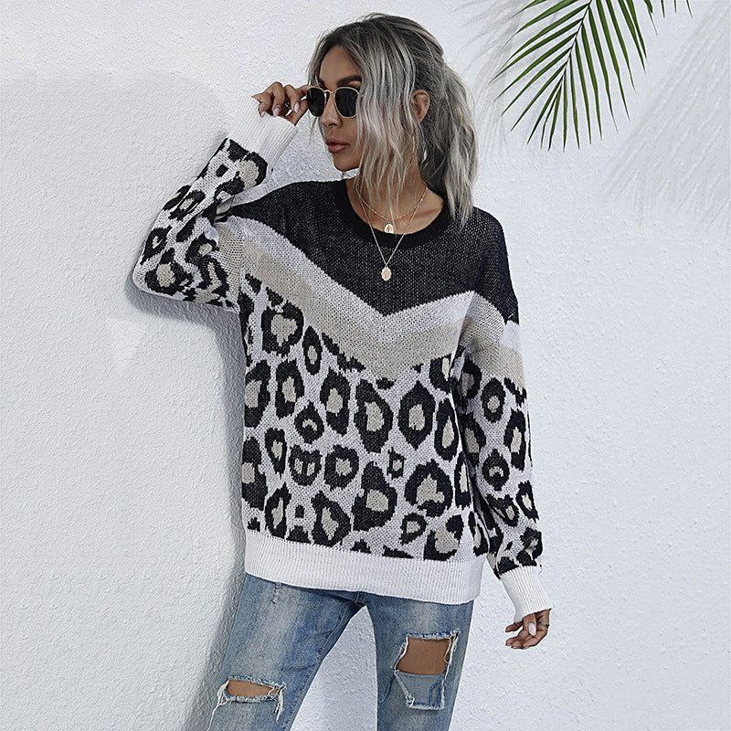 Autumn Leopard-Print Color Matching Long-Sleeved Loose Mid-Length Crew-Neck Sweater Woman
