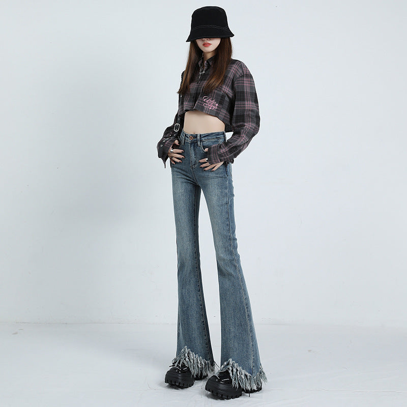 Spring And Autumn New Retro Fringe High Waist Micro Flared Jeans Women Slim Slim Stretch Raw Edge Mop Pants