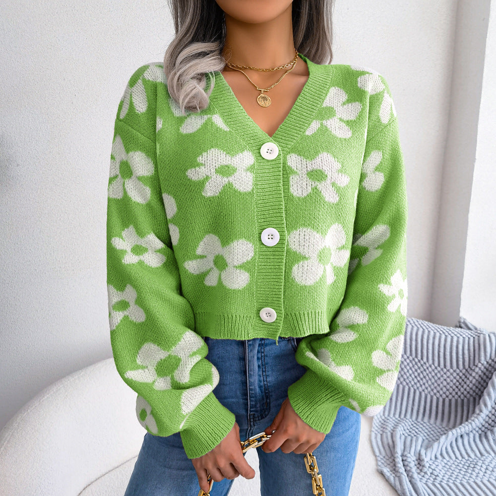 Wind Autumn And Winter Fashion Color Contrast Flowers Lantern Sleeve Cardigan Sweater Coat Women's Wear