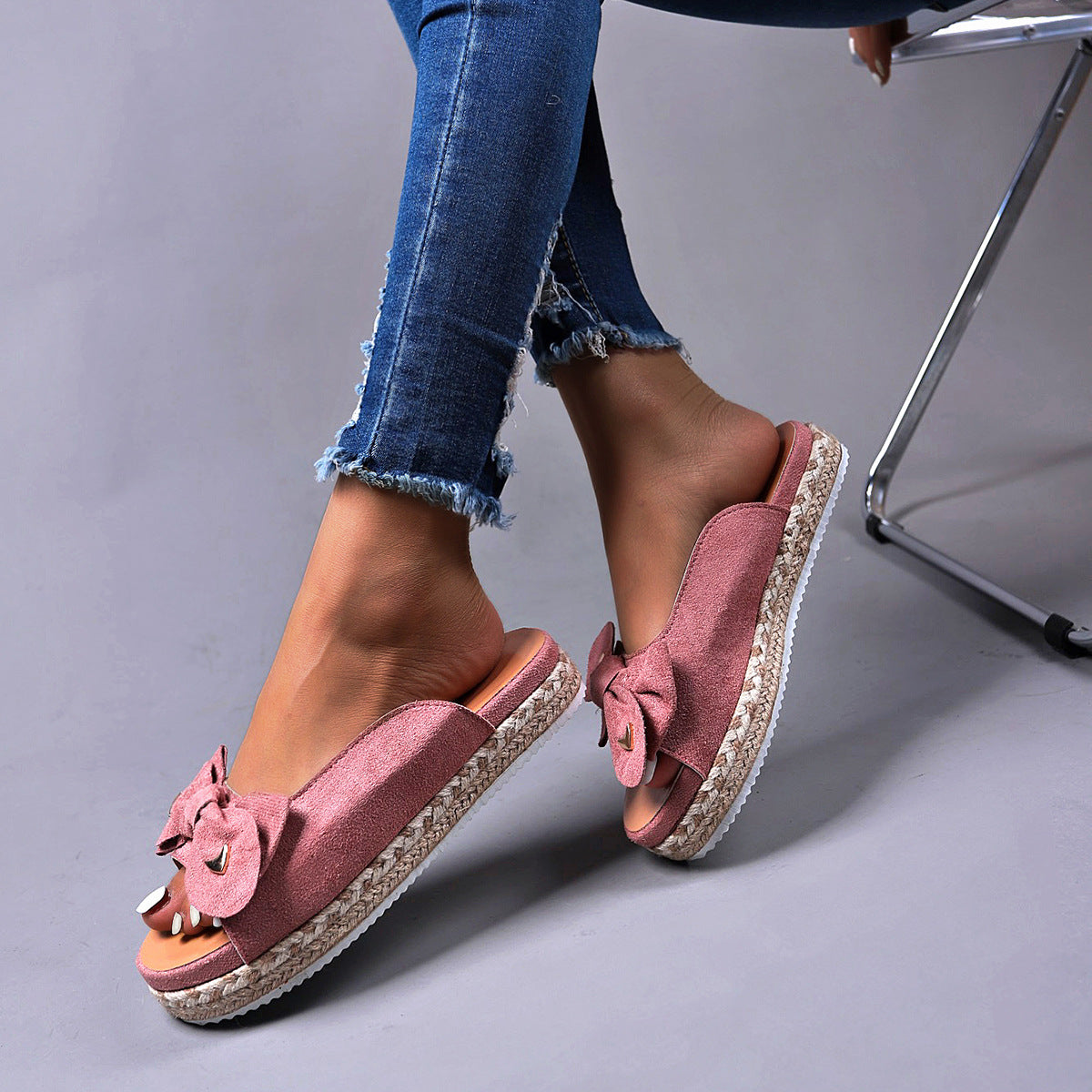 Thick Bottom One Line Sandals Female New Large Size Bow Outside To Wear Beach Slippers