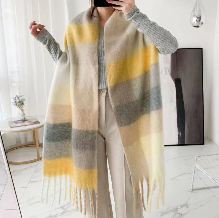 Girdle Female Autumn And Winter New Imitation Cashmere Scarf Female Rainbow Plaid Fringe Version Style Cape Knitted Outside