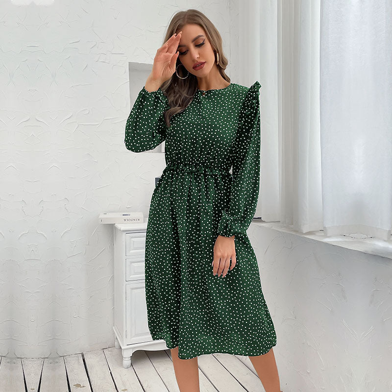 New Fashion Women's Flanged Polka Dot Long-Sleeved Dress Autumn And Winter