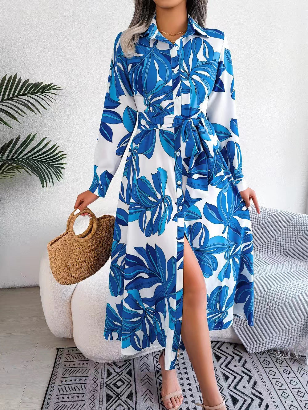Women's Autumn Winter Color Plant Flower Lapel Print Shirt Skirt Long Dress