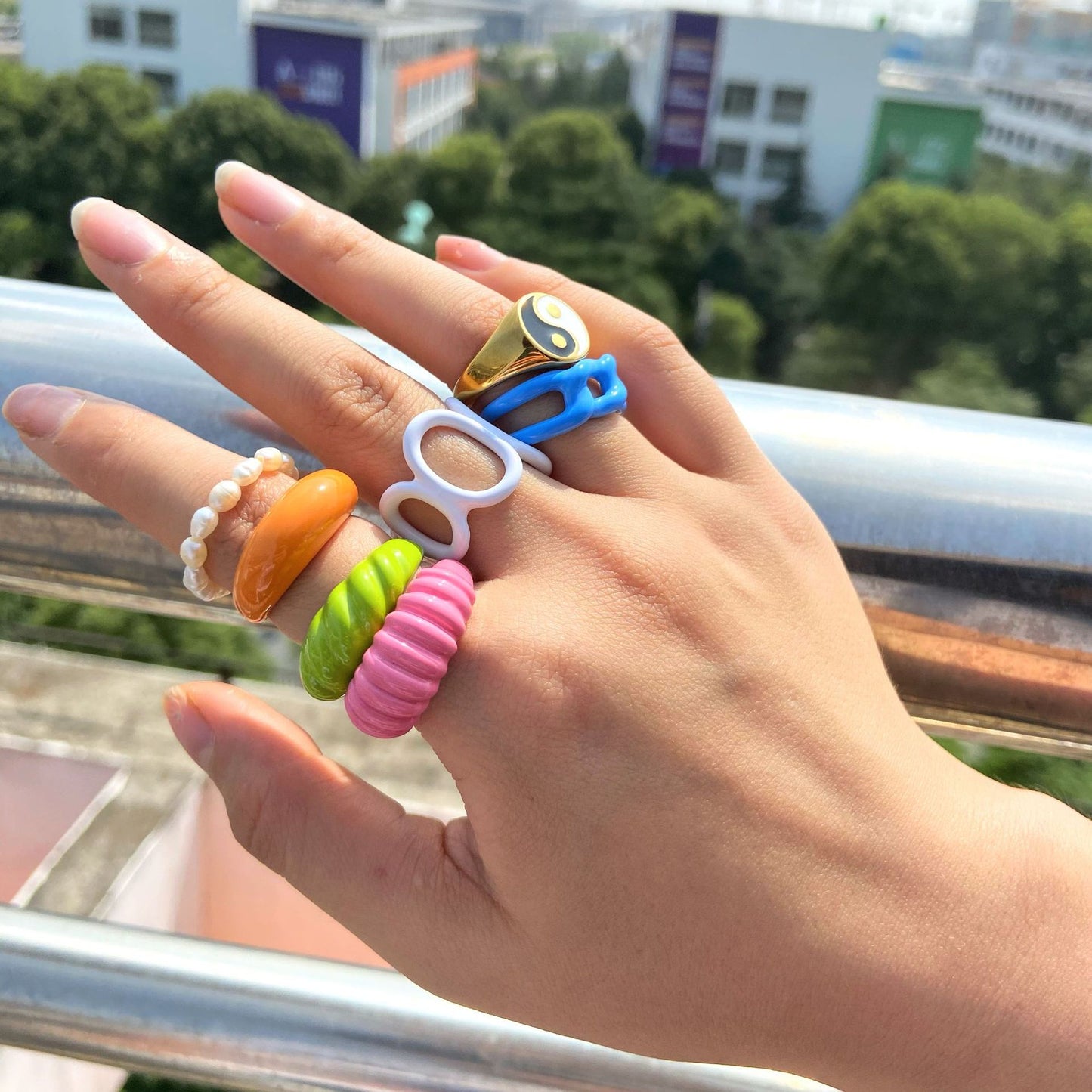 5pcs Fashion Candy Ring Small Fashion Color Drops Glue Creative Personality Hollow Index Finger Ring
